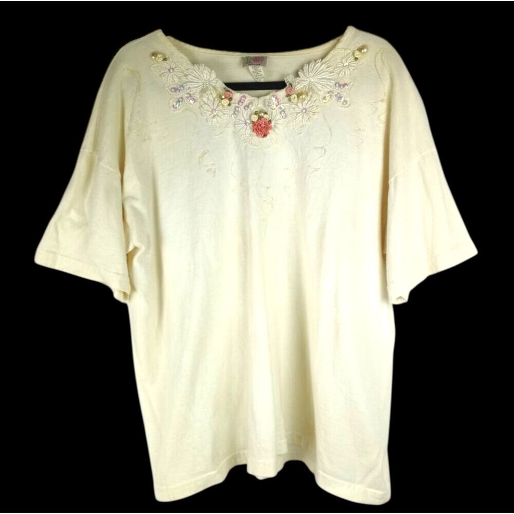 VINTAGE 90s Ecru Tee Embellished Lace Pearls Ribbon Roses XL Fairy Cottage Y2K - Picture 2 of 6